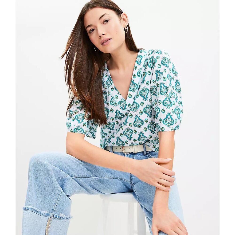 Ann Taylor Loft White & Green Floral Medallion Bell Sleeve Blouse XXL 2024
